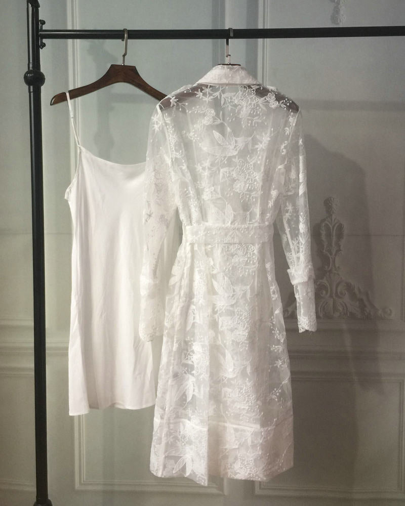 Hooded Lace Trench Coat with Embroidery and Lantern Sleeves