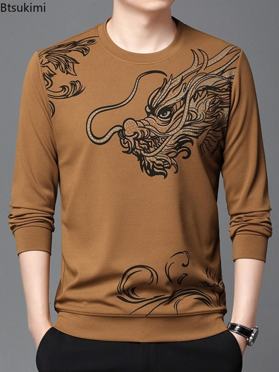 Men's Round Neck Long Sleeve Hoodie with Dragon Print | Streetwear