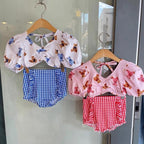 Cute Cartoon Bear Print Swimsuit and Plaid Shorts Set