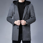 Men's Mid-Length Detachable Hooded Wool Coat Jacket