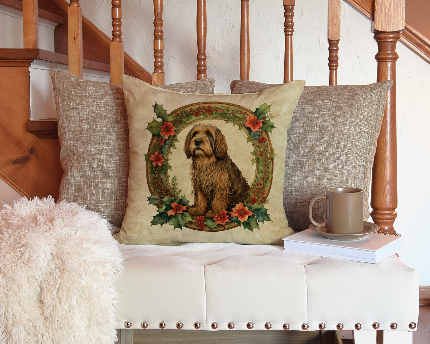 Otterhound Christmas Flowers Throw Pillow