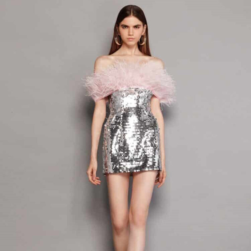 Off-the-Shoulder Feather Stitching Tube Top Dress