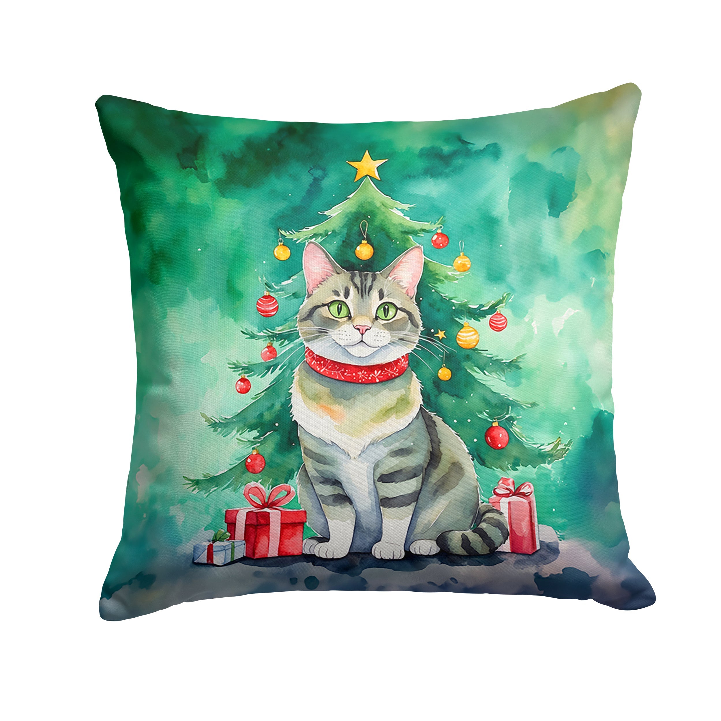 Raas Cat By the Christmas Tree Throw Pillow