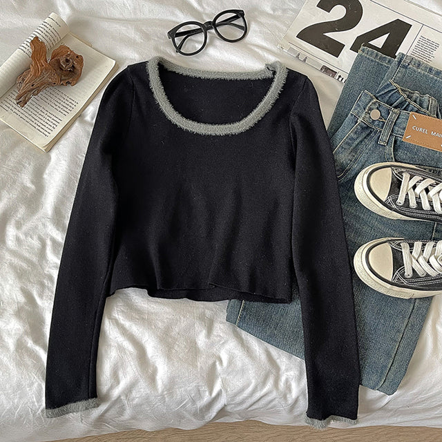 Color Block Long Sleeve U-Neck Slim Fit Sweater for Women