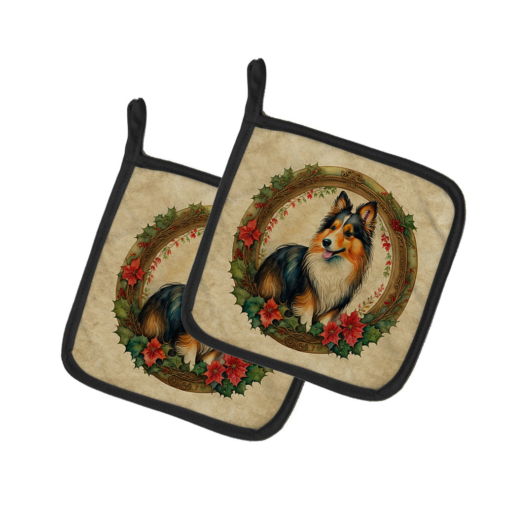 Sheltie Christmas Flowers Pair of Pot Holders