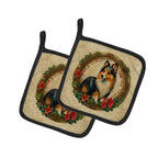 Sheltie Christmas Flowers Pair of Pot Holders