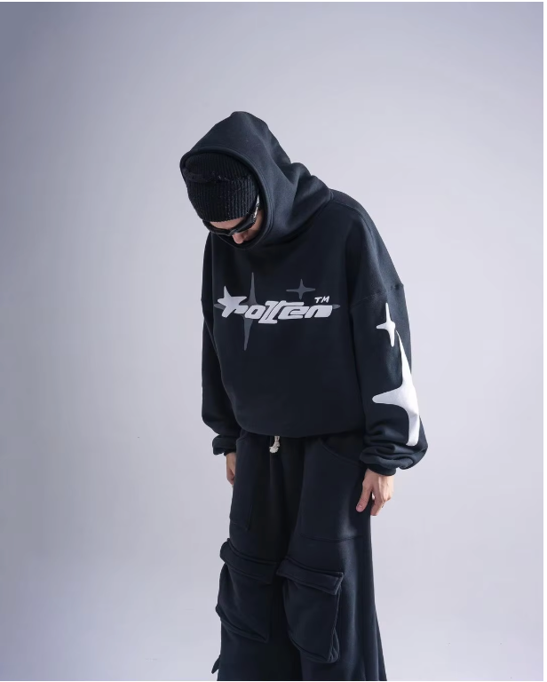 Loose-Fit Y2K Star Letter Printed Turtleneck Hoodie | Streetwear