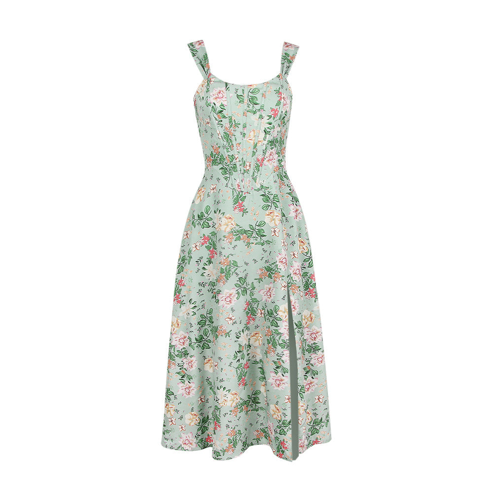 Floral Backless Midi Dress with Spaghetti Straps