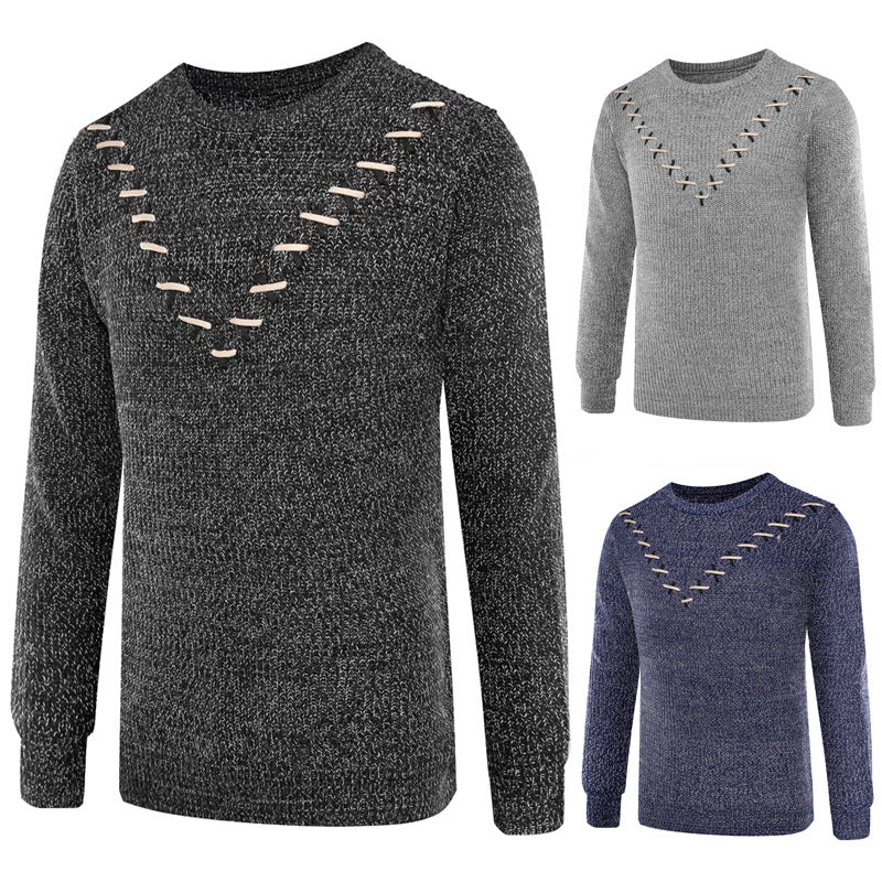 Knitted Sweater with Men's Chest Ribbon Embellishment