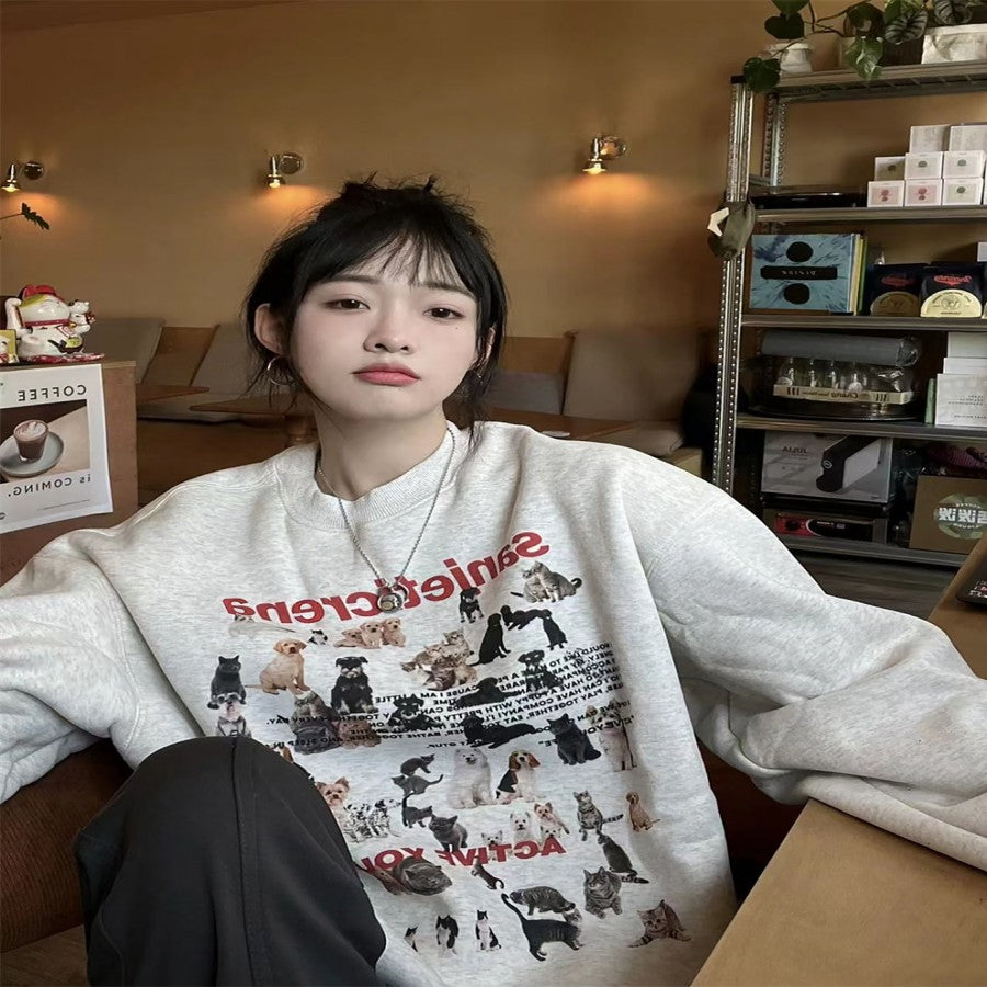Retro Cartoon Cat and Puppy Gray Round Collar Sweater
