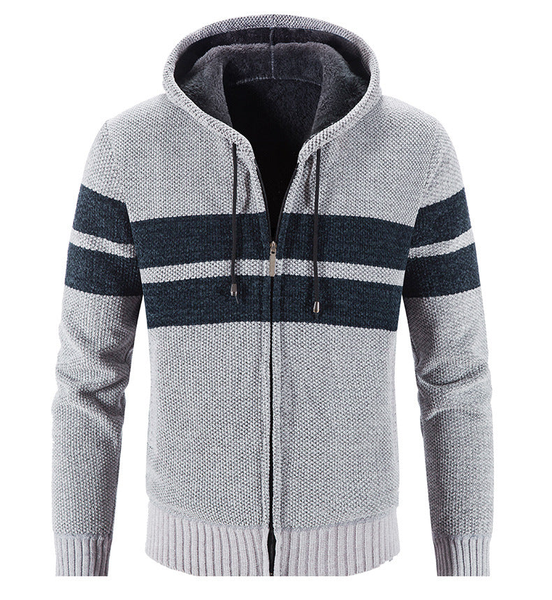 Hooded Striped Color-blocking Plus Velvet Cardigan
