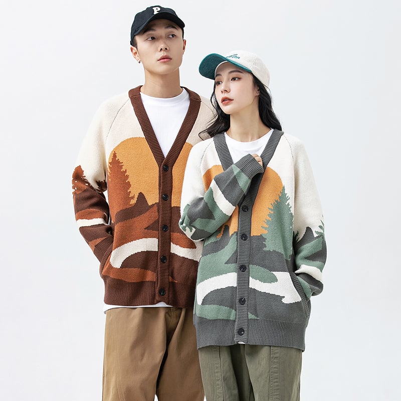 Men's V-neck Cardigan with Forest Landscape Print
