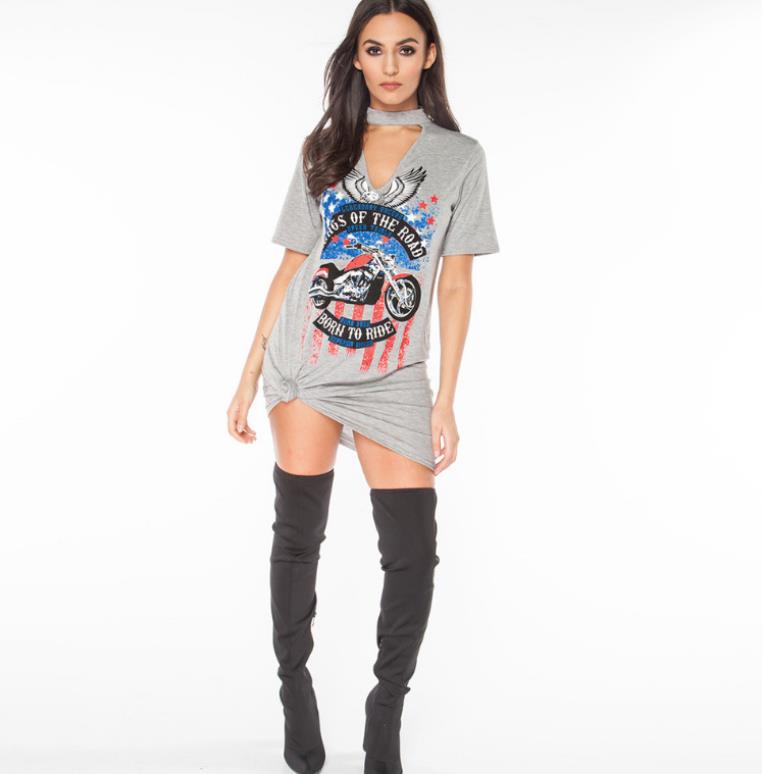 Eagle Motorcycle Print Halter Dress, Floral Design Dress
