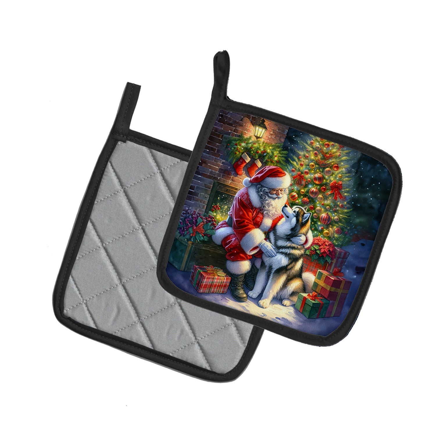 Alaskan Malamute and Santa Claus Pair of Pot Holders