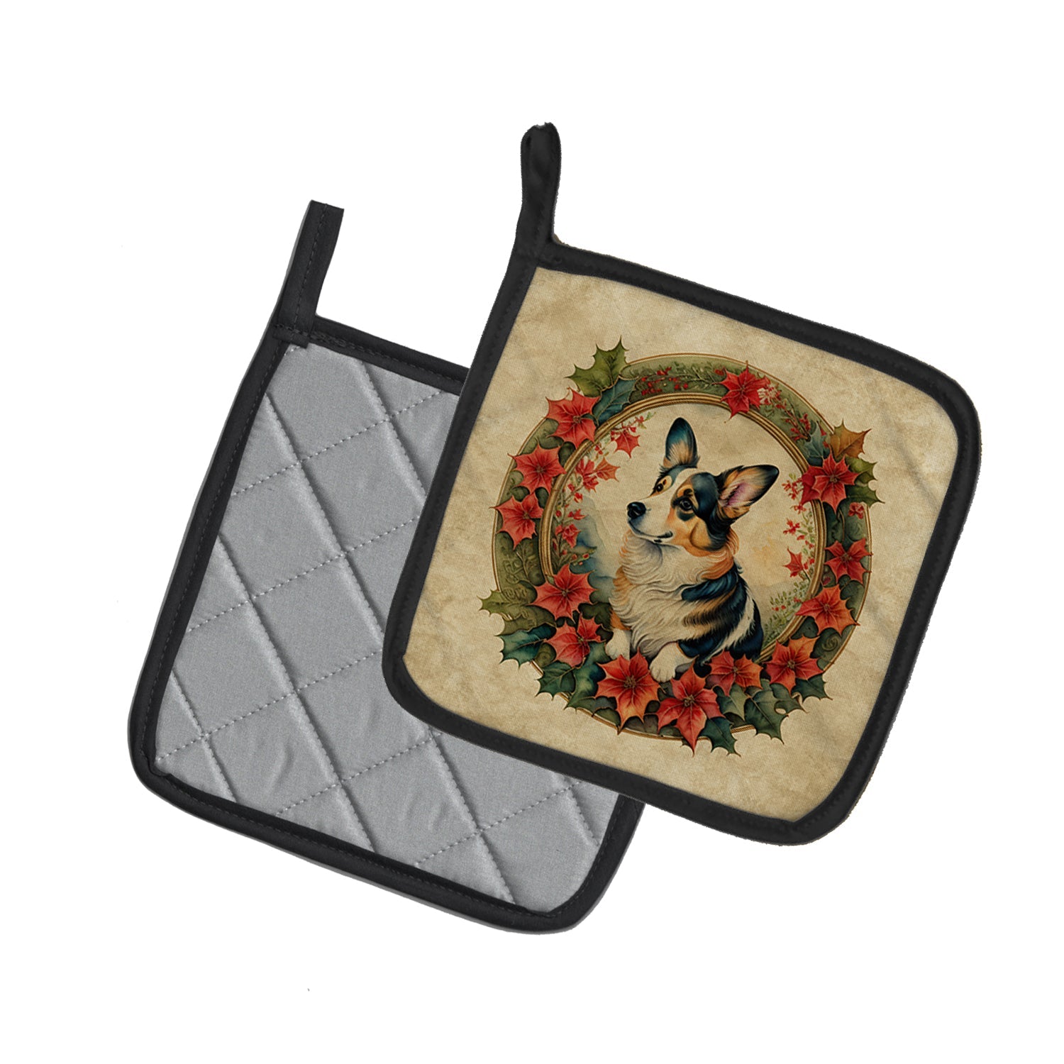 Corgi Christmas Flowers Pair of Pot Holders
