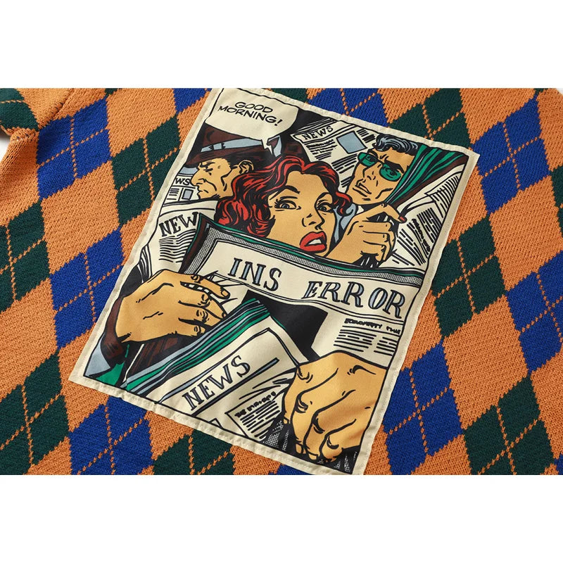 Vintage Argyle Plaid Sweater with Cartoon Pattern for Women