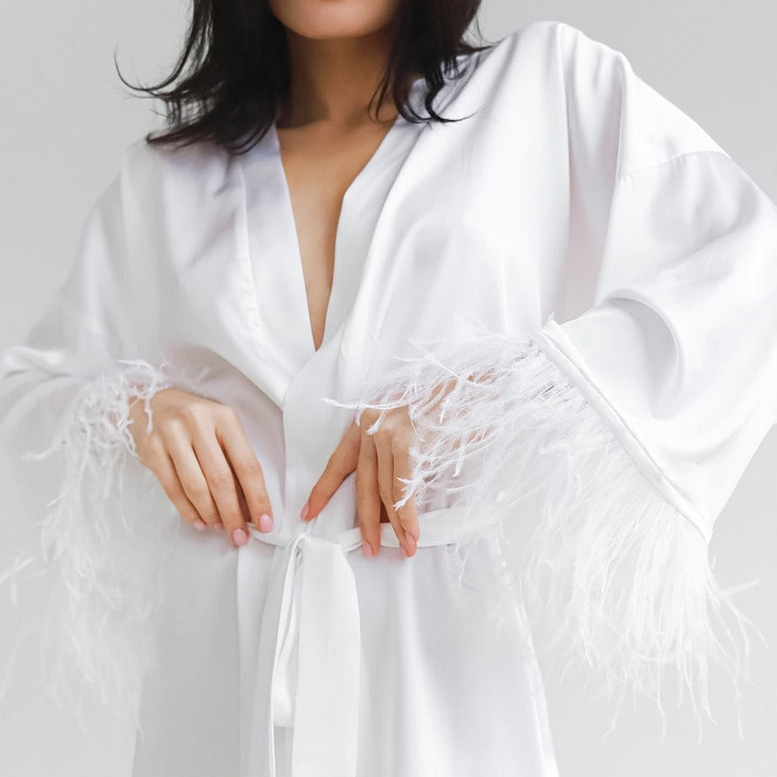Feather Trim Silk-Feel Long Sleeve Nightgown