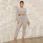 Casual Long Sleeve Crop Top and Pants Set for Women
