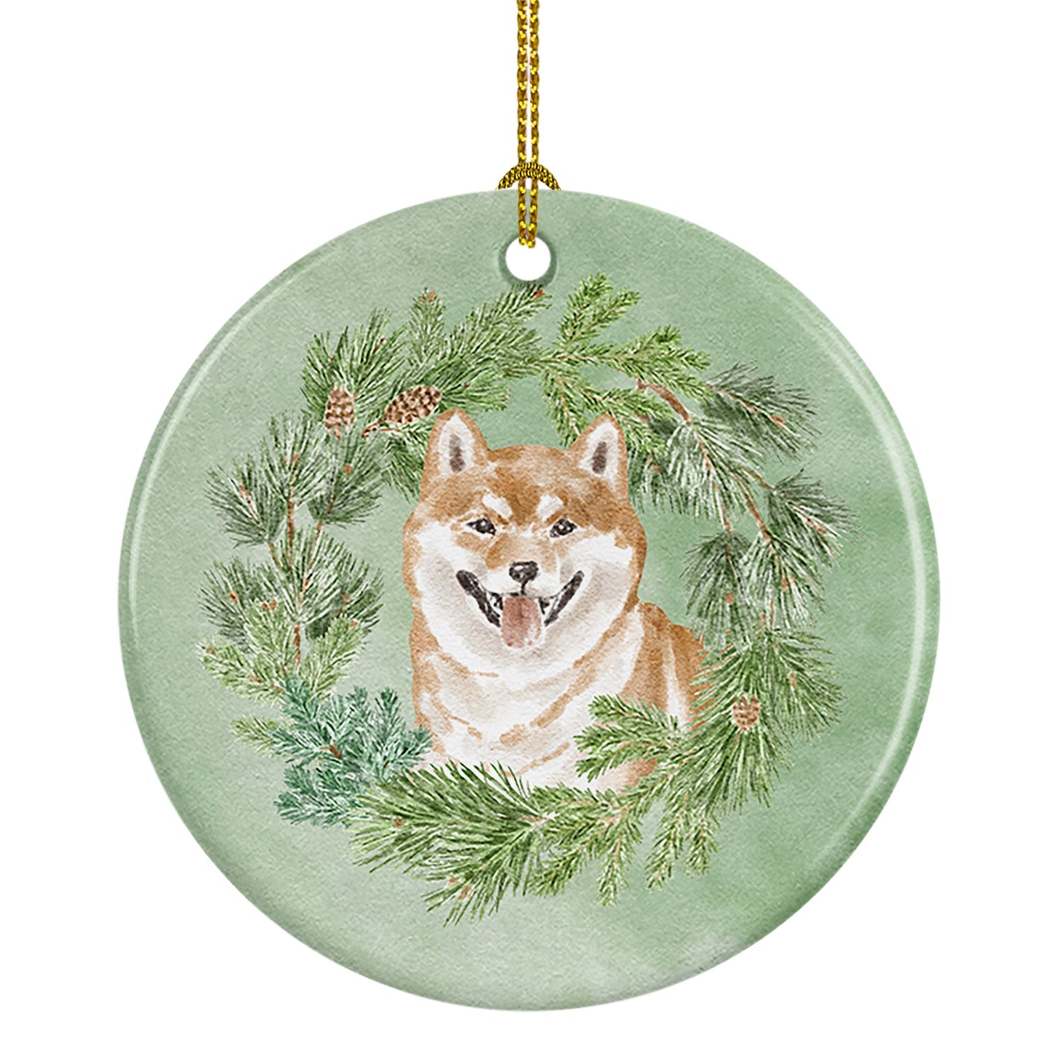 Shiba Inu Smiling Christmas Wreath Ceramic Ornament