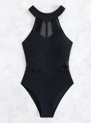 High-Neck Mesh Panel One-Piece Swimsuit