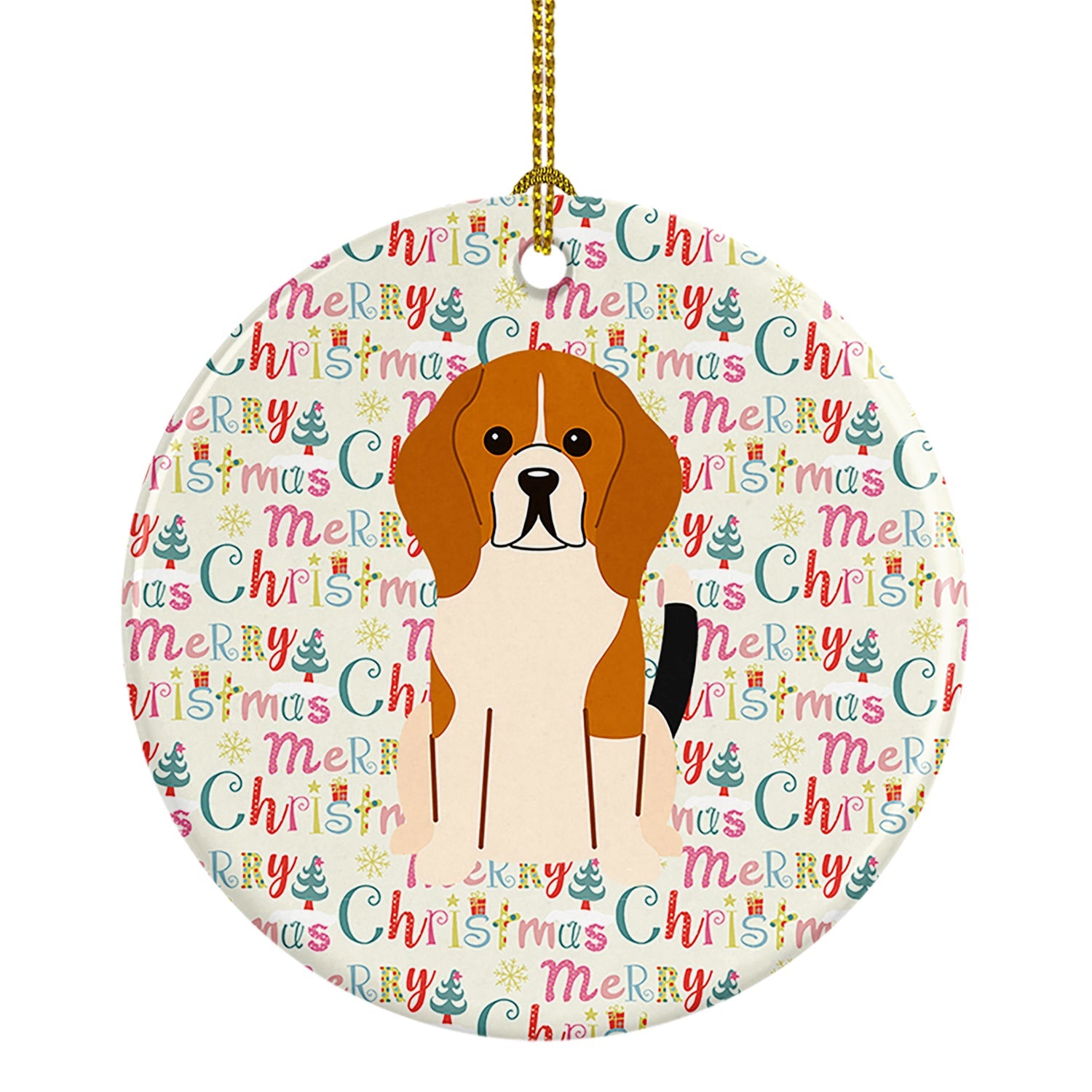 Merry Christmas Beagle Tricolor Ceramic Ornament
