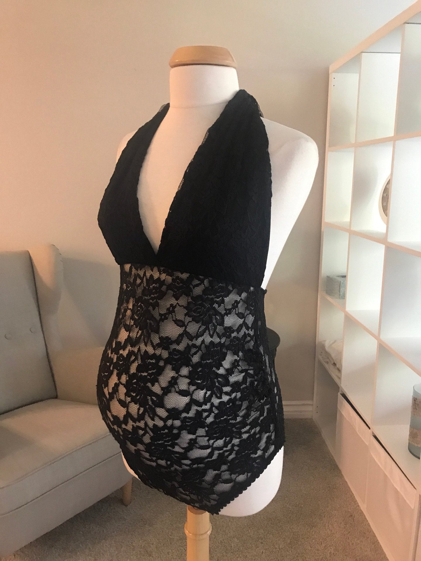Lace Backless Maternity Bodysuit with Adjustable Straps