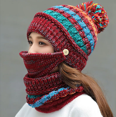 Winter Knitted Hat, Mask & Scarf Set | Embroidered Cap