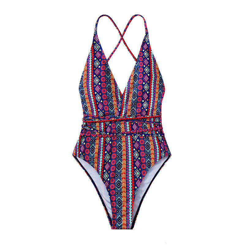 Bohemian Deep V Strap One-Piece Swimsuit for Women