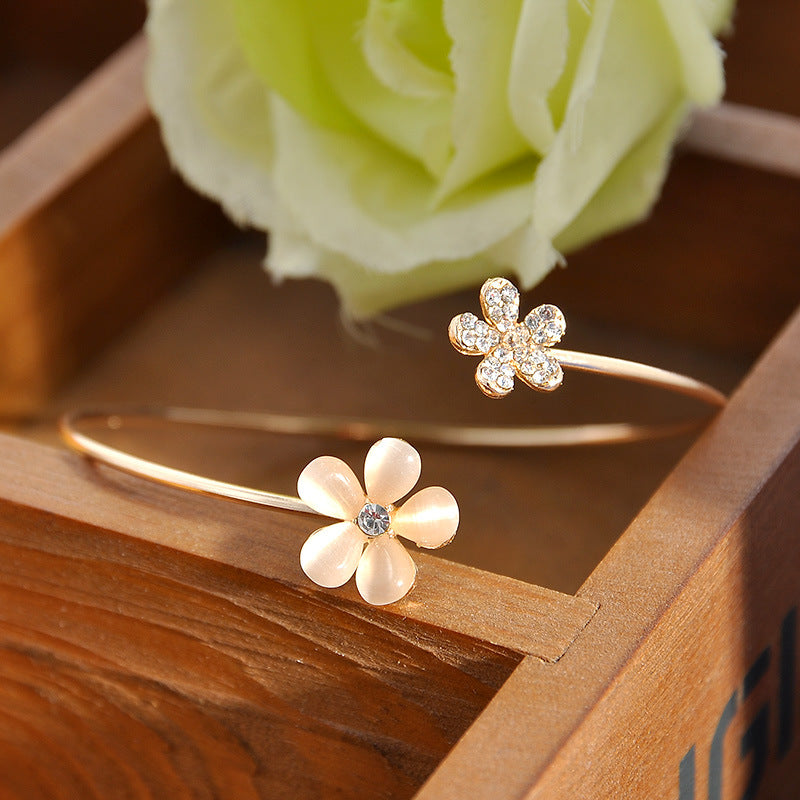 Daisy Flower Open Bangle with Cat's Eye Stones