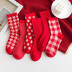 Red Houndstooth Cotton Christmas Socks