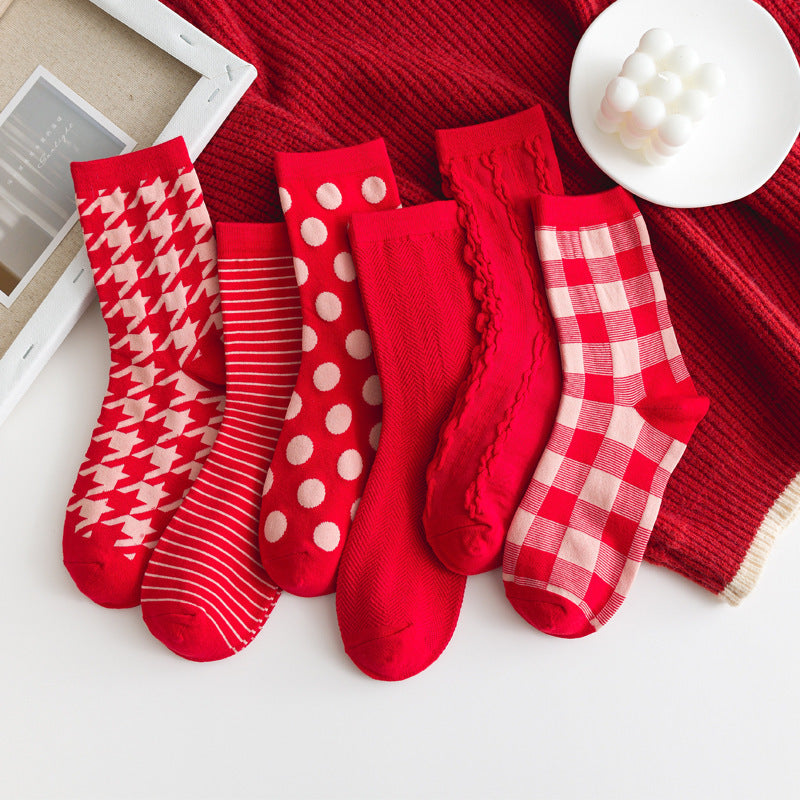 Red Houndstooth Cotton Christmas Socks