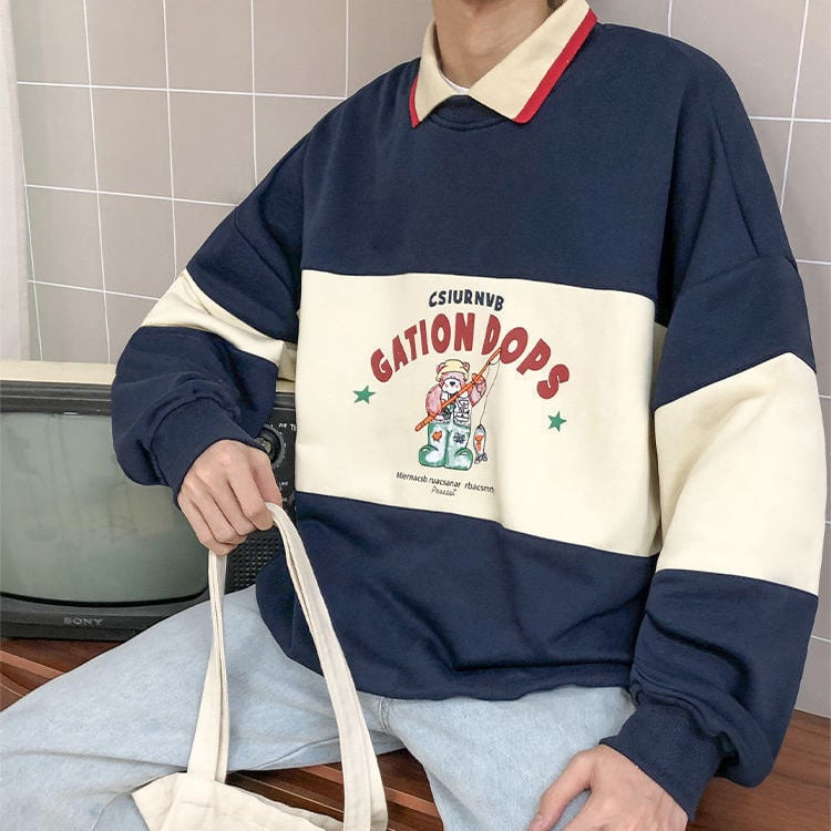 Retro Bear Print Striped Polo Collar Sweatshirt Top | Streetwear