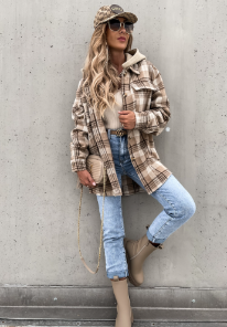 Hooded Plaid Button-Down Shirt Jacket (One Piece)