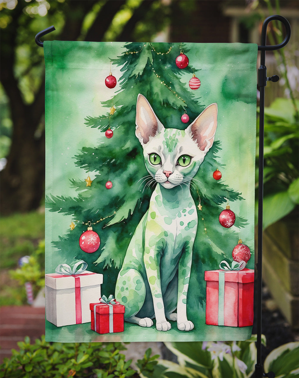 Devon Rex Cat By the Christmas Tree Garden Flag