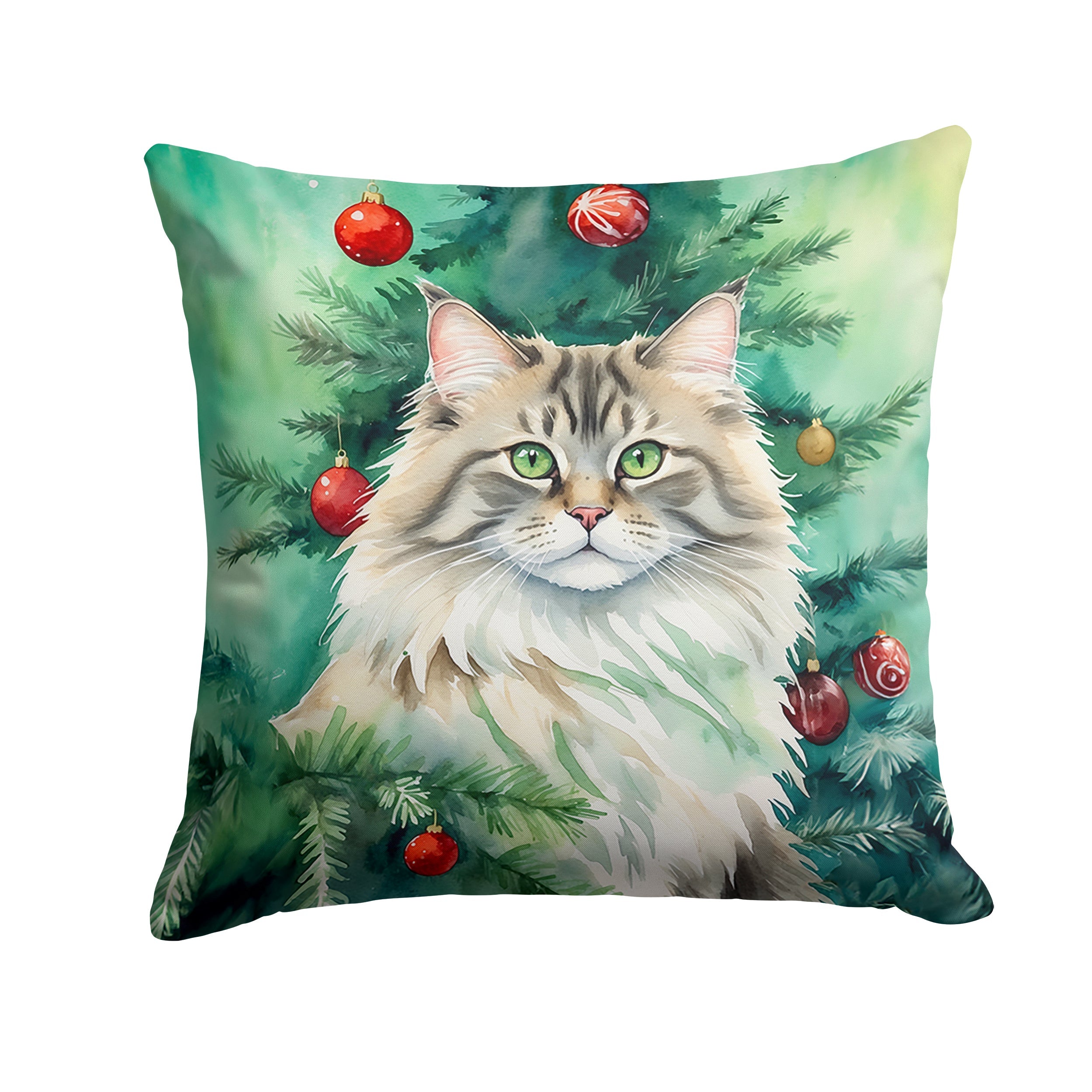 Siberian Cat By the Christmas Tree Throw Pillow