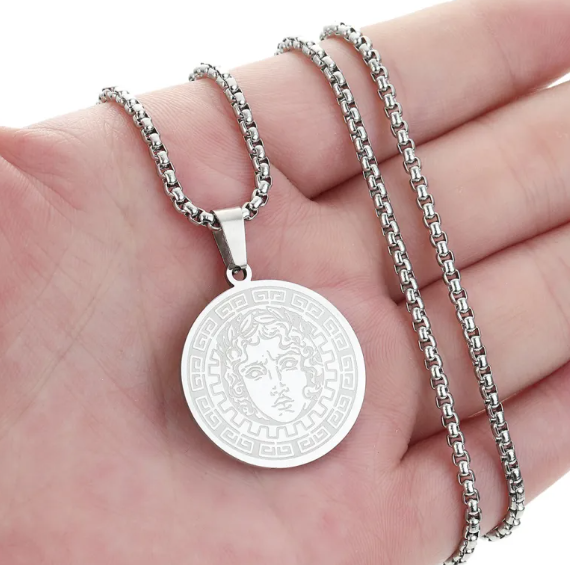 Stainless Steel Medusa Greek Key Round Pendant Necklace