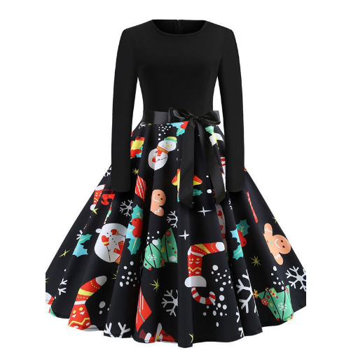 New Vintage Christmas Print Long Sleeve Dress for Women