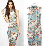 Vintage Floral Sleeveless Bodycon Dress for Women