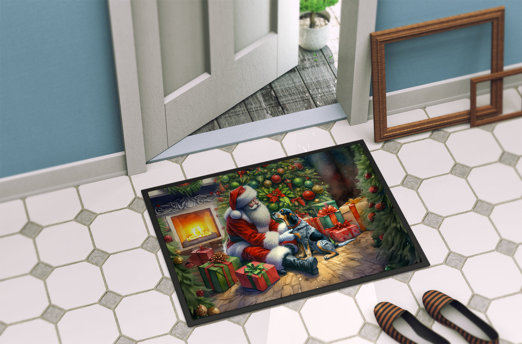 Bluetick Hound and Santa Claus Doormat