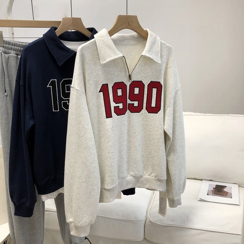Women's Retro Lapel Half Zip Sweatshirt in American Style | Streetwear
