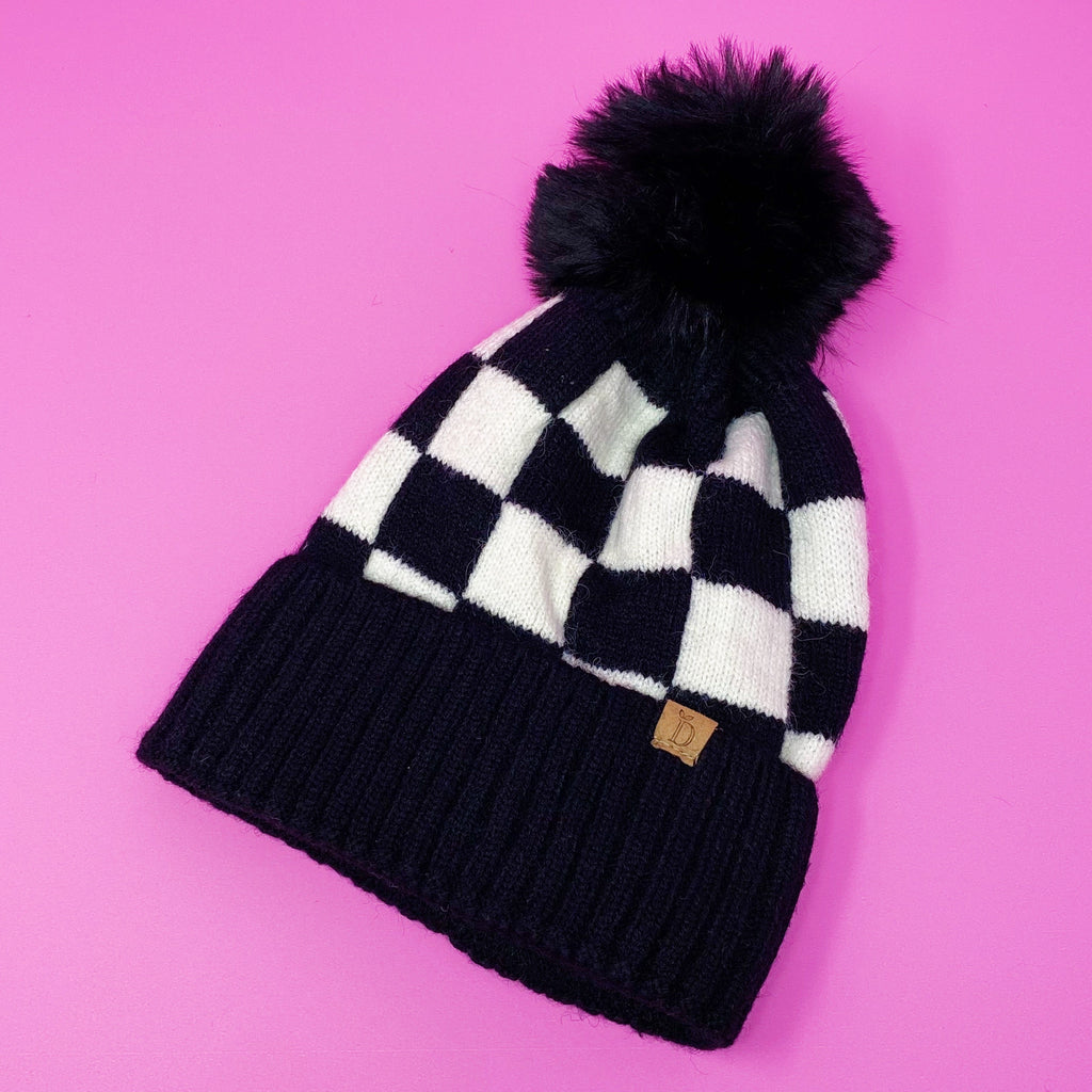 Fashion Week Checkered Pom Beanie | Embroidered Cap