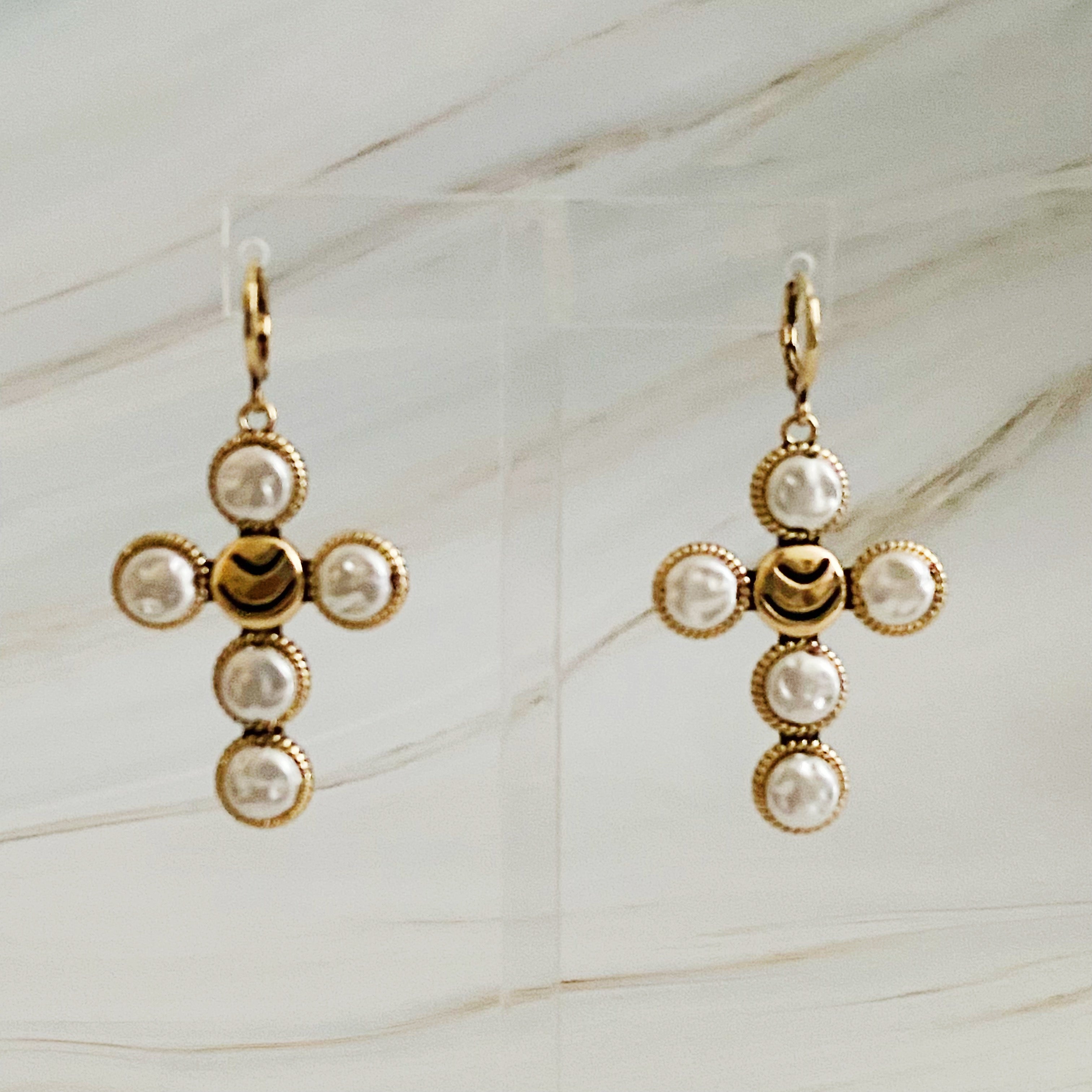 Pearl Cross Drop Earrings