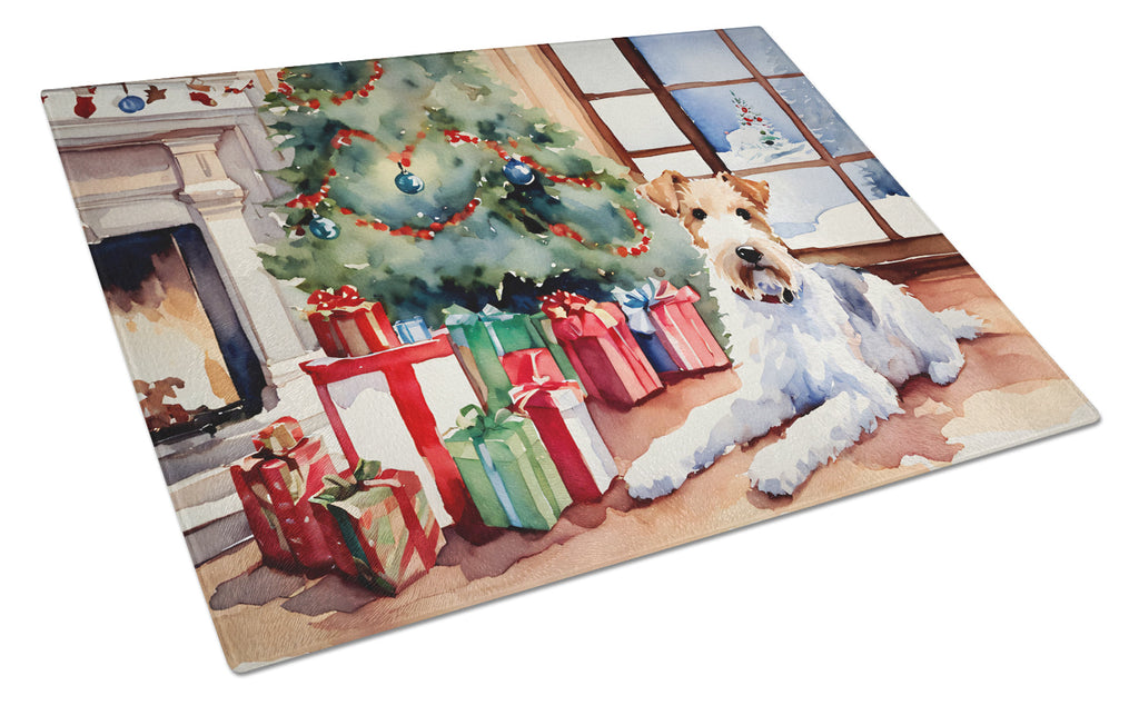 Fox Terrier Cozy Christmas Glass Cutting Board