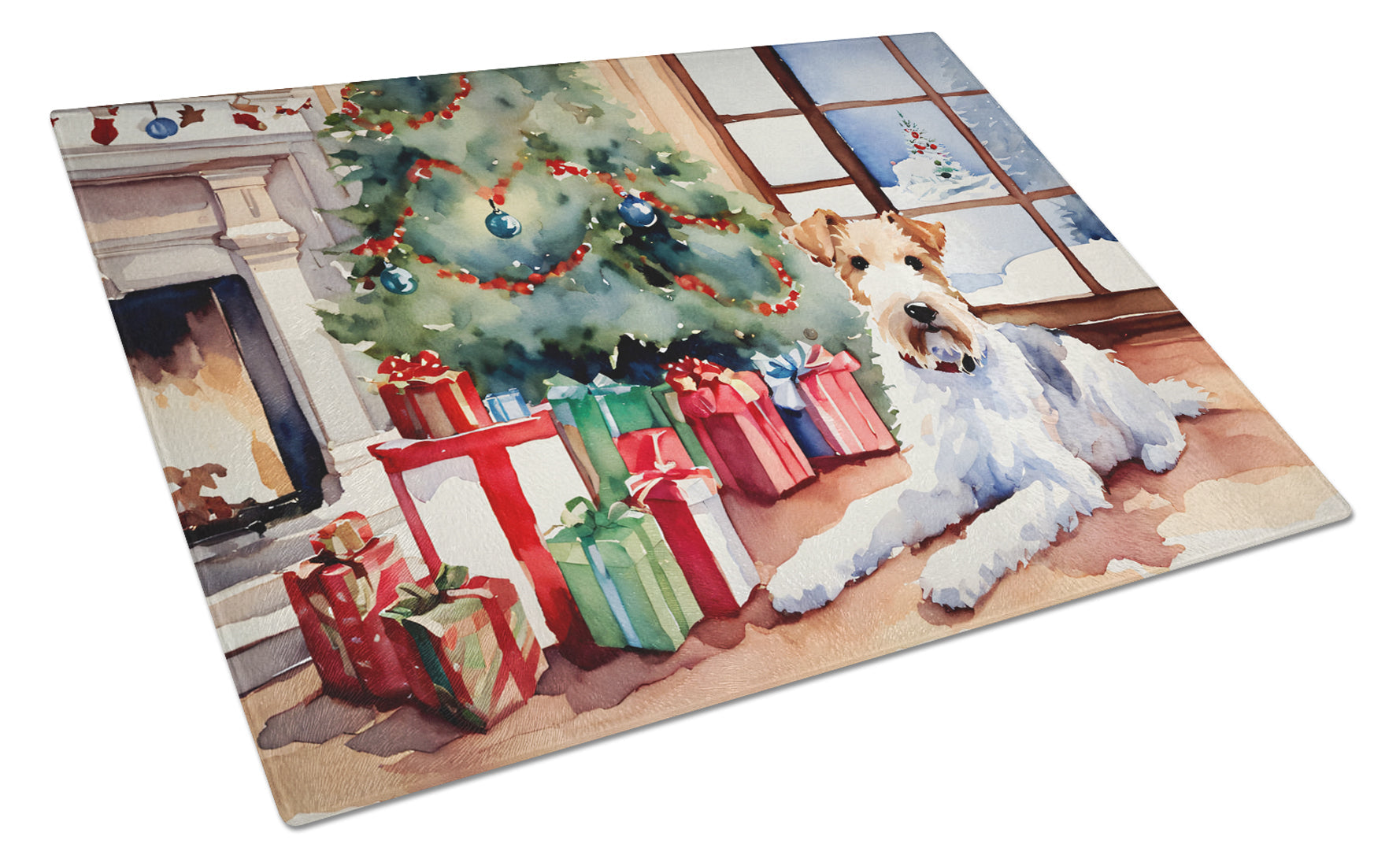 Fox Terrier Cozy Christmas Glass Cutting Board