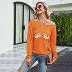 Women's Casual Plush Sweater with Sloping Shoulder Print