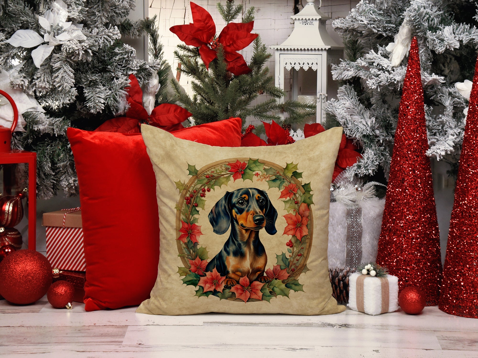 Dachshund Christmas Flowers Throw Pillow