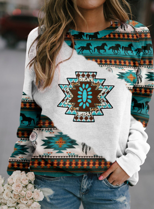 Geometric Pattern Round Neck Long Sleeve Sweater