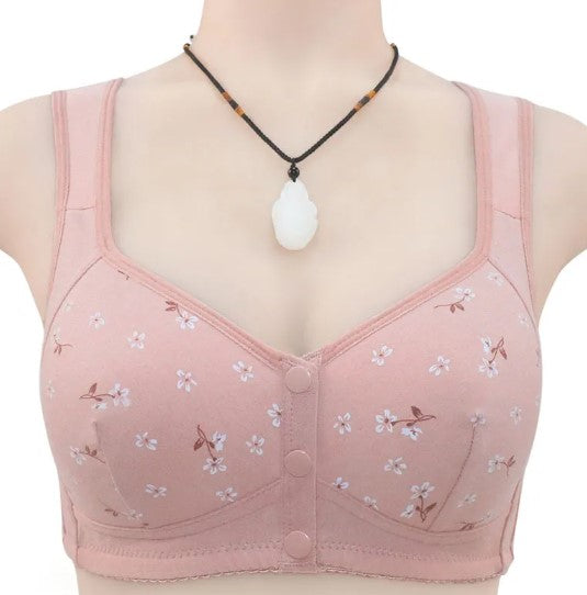 Front-Button Wireless Floral Bra