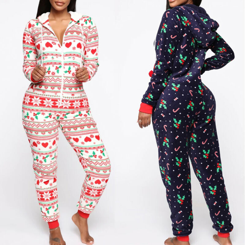 2020 Christmas Print Hooded Jumpsuit for Home Wear