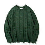 Men's High Street Pure Color Jacquard Ripped Sweater